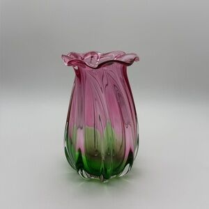 Vintage Teleflora Handblown Art Glass Vase Watermelon Cranberry Pink Swirl 8”